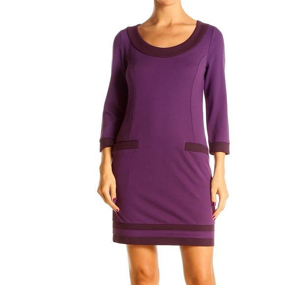 BODEN Purple Contrast Trim 3/4 Sleeve Sheath Dress Stretch Ponte Knit Scoop Neck - Picture 1 of 11